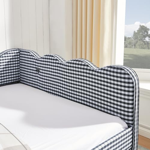 Image of KEIKI Full Size Upholstery Gingham Daybed with Trundle and USB, Navy