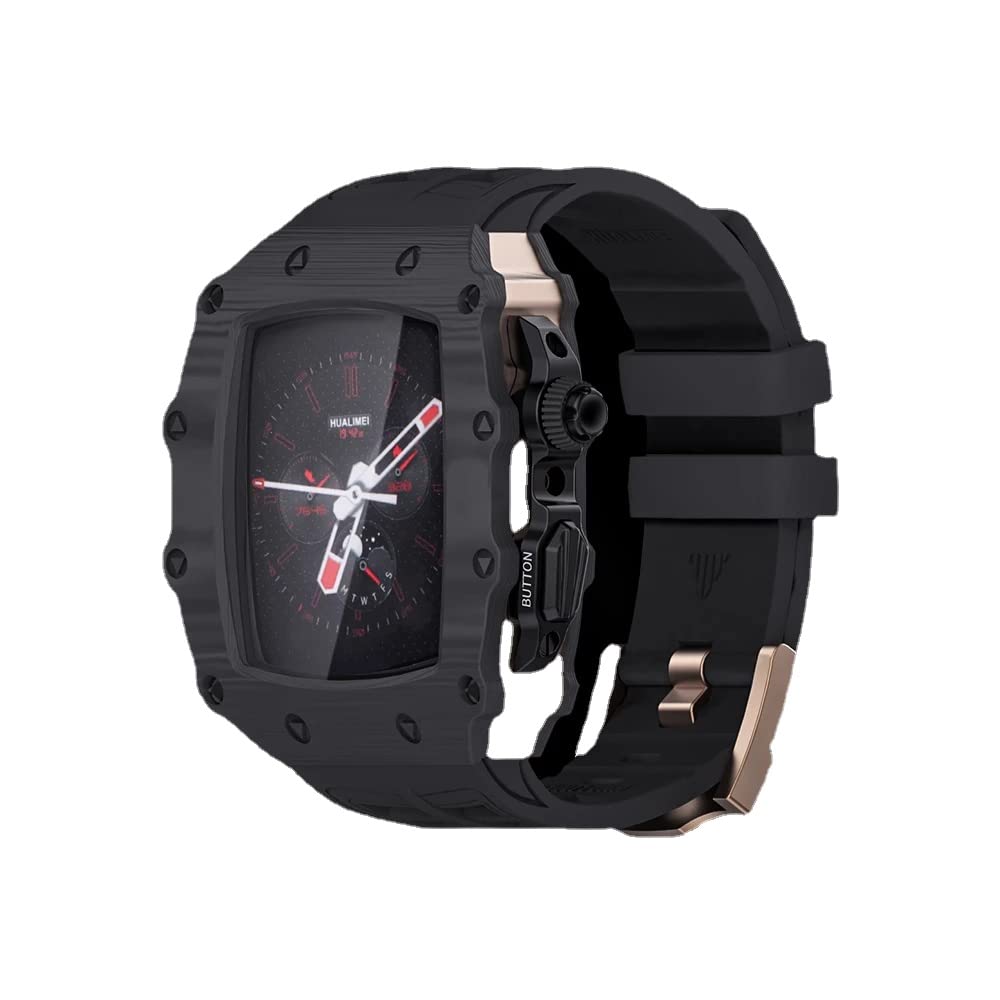 BUDAY Carbon Fiber Watch Case Rubber Bracelet Wristband Strap Modification Kit?For Apple Watch 45mm 44mm 9 8 7 6 5 4 SE Series Watch Upgrade Replace Strap(Black RoseGold,44MM)
