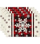 Artoid Mode Buffalo Plaid Snowflakes Winter Placemats Set of 4, 12x18 Inch Christmas Table Mats f...