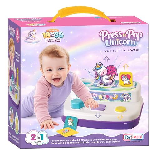 Image of Toymate Press n Pop Unicorn Toy for 18-36 Months | Interactive Pop Up Toy with 6 Unicorn Plates & 3 Balls | Sensory Learning, Fine Motor Skills Toddler