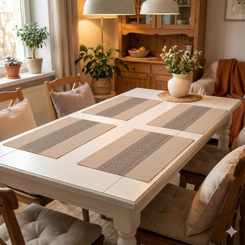 Image of YELONA Placemats Set of 4, Heat-Resistant Woven Vinyl Table Mats, Non-Slip & Washable Dining Tablemats for Kitchen & Dinner Decor, Almond Beige (45cm x 30cm)