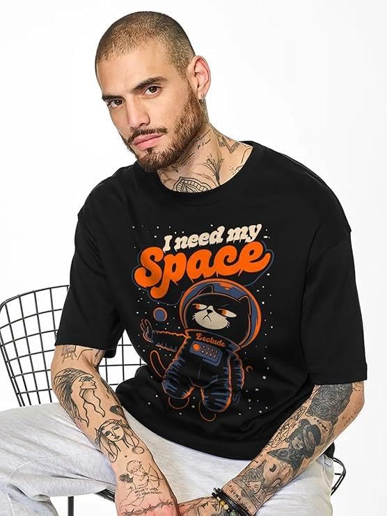 Image of LEOTUDE Half Sleeve Oversized Cottonblend Round Neck Drop Shoulder Printed Men's T-Shirt (Color Black)