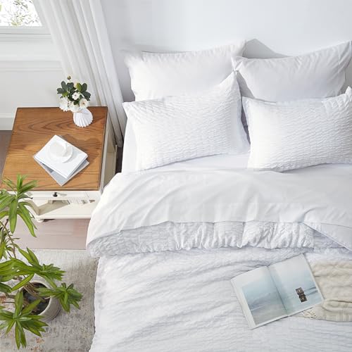 Image of Zzlpp King Comforter Set 7 Pieces, White Seersucker Bed in a Bag with Comforter and Pillowcases, All Season Bedding Sets with 1 Comforter, 2 Pillow Shams, 2 Pillowcases, 1 Fitted Sheet