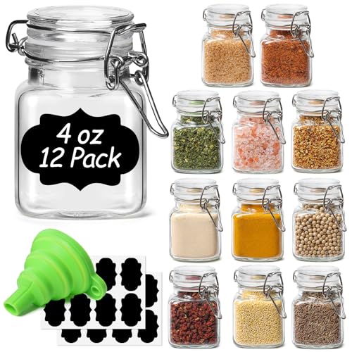 ComSaf 4 oz Glass Jars with Lid, Set of 12 Mini Airtight Glass Jars, Spice Jars, Small Mason Jar, Canning Jar Square with Seal Wire Clip Fastening, Labels & Funnels for Jam, Honey, Kitchen, Wedding
