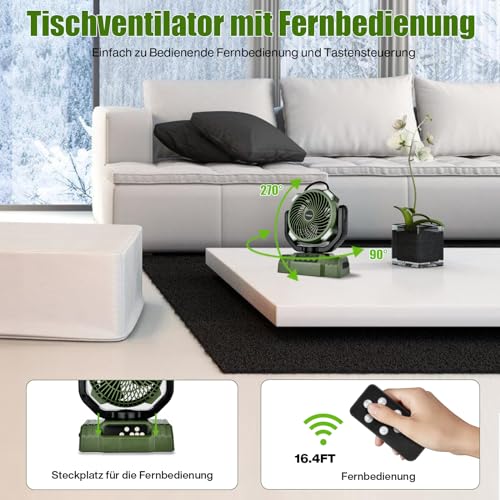 Camping Ventilator mit Akku 10000mAh, Tragbarer Ventilator Leise mit LED-Licht, 270° Rotieren Tischventilator mit Haken/USB-Aufladung, Zeltventilator für Outdoor Camping, Stromausfall, Angeln, Büro – Bild 3