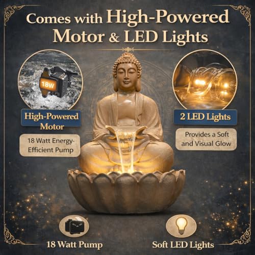 Image of 3 Feet Kamal Buddha Water Fountain for Home & Garden|Fiber Buddha Fountain with LED Light|Indoor Outdoor Fountain for Vastu & Positivity (Beige, 3 Feet Kamal Buddha Fountain)