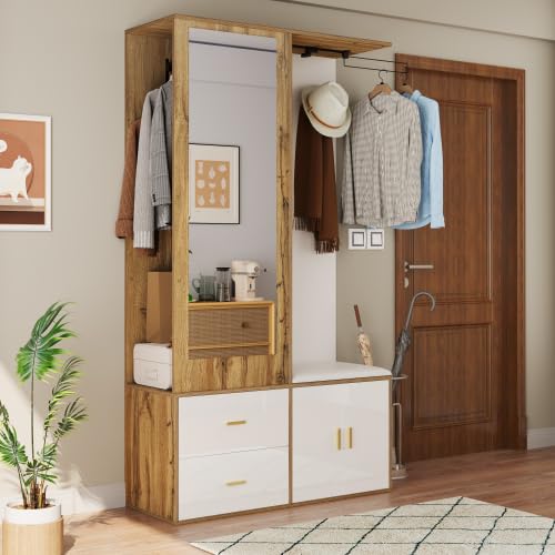 Perchero con espejo y zona para colgar oculta, armario con espejo 2 en 1 con barra extensible, banco y zapatero, armario compacto de madera blanca para pasillo, 100 x 38 x 180 cm