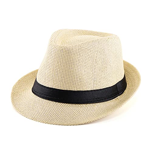 Faletony Unisex Fedora Hat Trilby Straw Hats Summer Panama Beach Sun Cap Beige