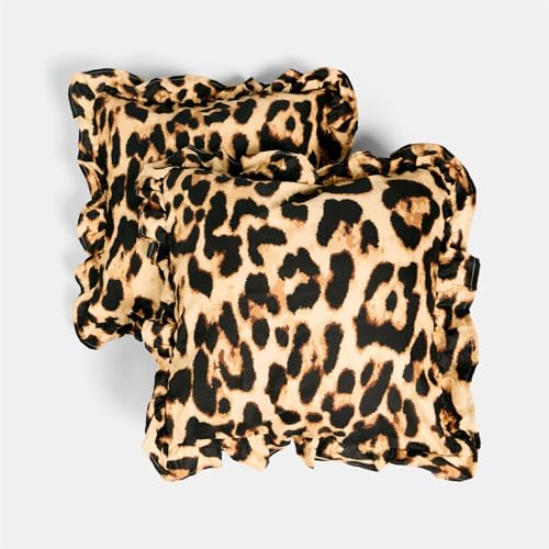 OHS Leopard Print 2 Pack Cushion Covers 45 x 45 Frill Edges Decorative Throw Pillow Covers with Invisible Zipper Square Cushion Cover for Sofa Living Room Bedroom, Natural