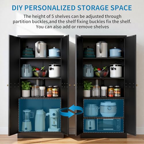 Image of 61 inch H Black Metal Kicthen Pantry Storage Cabinet 5-Tier Cupboard | Tall Metal Cabinets for Kitchen, Living Room, Garage, Heavy Duty Freestanding Utility Cabinet, Assembly Require