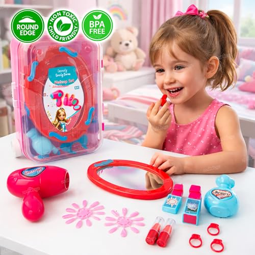 Image of Zest 4 Toyz Kids Makeup Kit for Girls Cosmetic Beauty Set Suitcase Portable Trolley Pretend Play Toy with Makeup Accessories for Kids (Pink) 15 Pieces