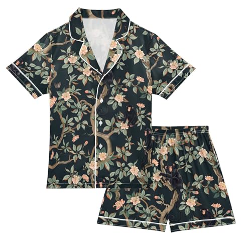 ALAZA Green Flower Monkey Pajamas Satin Pajama Set Short Sleeve Button Down Sleepwear