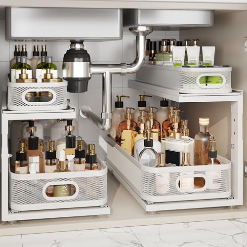 Image of 2 Pack 21IN-Depth Under Sink Organizer With Next-Gen Ball-Bearing Slides,2-Tier Precision Mesh Pull Out Cabinet Storage for Bathroom&Kitchen,Height Adjustable Drawers Shelf,Anti-rust-White