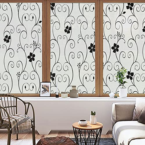 Duofire Window Film Privacy Window Film Frosted Glass Film No Glue Static Cling Glass Film Anti-Uv Window Sticker For Bathroom Bedroom Living Room (Black Flower-Dp014B, 35.4In. X 118In.) #TOP2