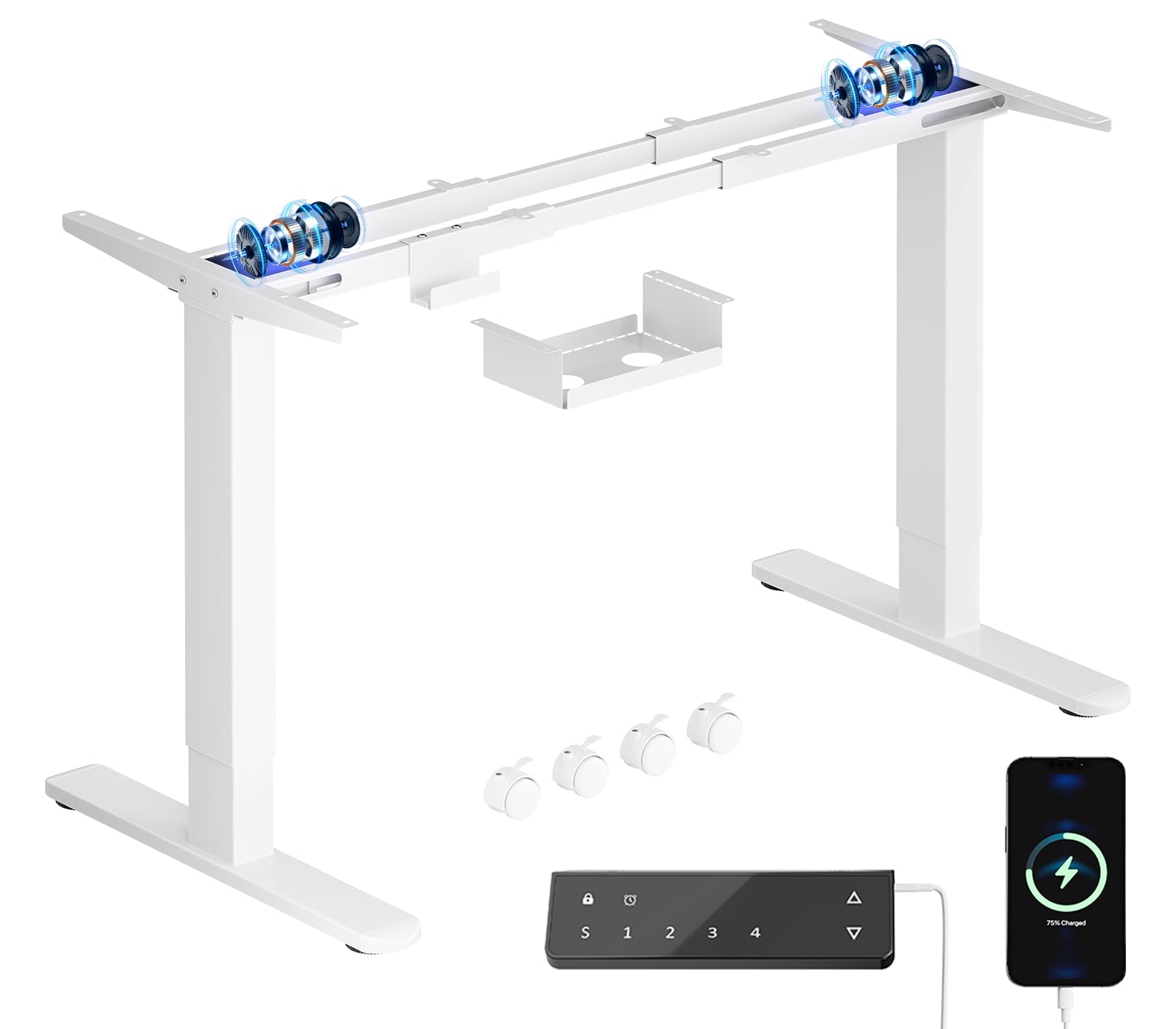 JUMMICO Höhenverstellbarer Schreibtisch Gestell mit 2 Starken Motoren, Type-C Aufladen und Kabelmanagement & Räder, 130kg Tragkraft, 4 Höhenspeicher, Elektrisch Tischgestell Höhenverstellbar, Weiß