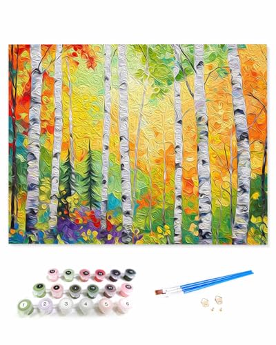 VamJump 数字油絵 手塗り 近代主義 シラカバの木 植物 夏 木 油絵 アウトドア 秋 DIY絵 初心者 時間をつぶす 壁飾り アートクラフト 絵画手芸キッ 絵の具をつける 塗りつぶし掛け 40x40cm