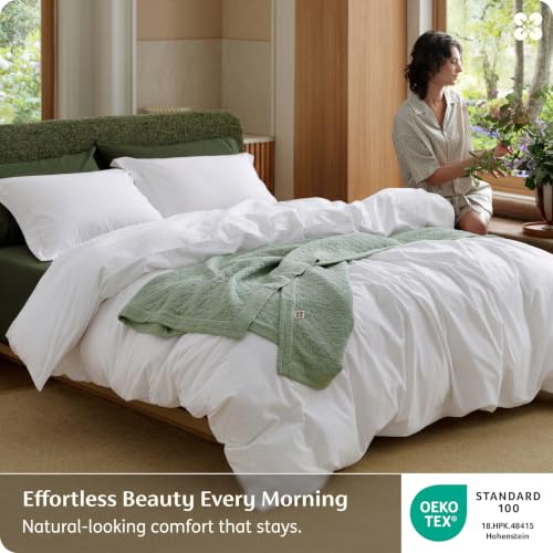 Image of Bedsure 100% Washed Cotton Duvet Cover King - Bright White Minimalist Duvet Cover Linen Like for All Seasons - GentleSoft Plain Simple Cotton Bedding, 3 Pieces (Bright White, King, 104 inchx90 inch)