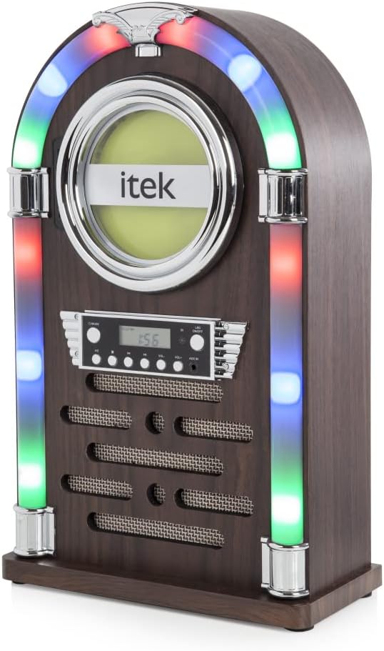 iTek I60018CD Table Top Jukebox with CD Player, FM Radio and Bluetooth Connection, Remote Control Included, Wood Finish, Brown, 25.2 cm*40.5 cm*12.1 cm