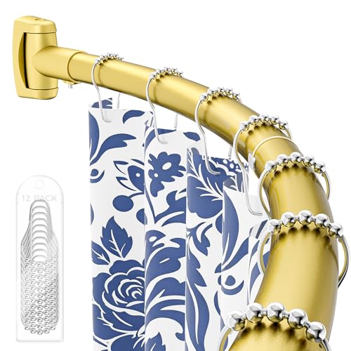 ENJOYBASICS Curved Shower Curtain Rod with Shower Rings Adjustable Round Bathroom Rod for Extra Space Rustproof Need to Drill Gold 35-77 Inches