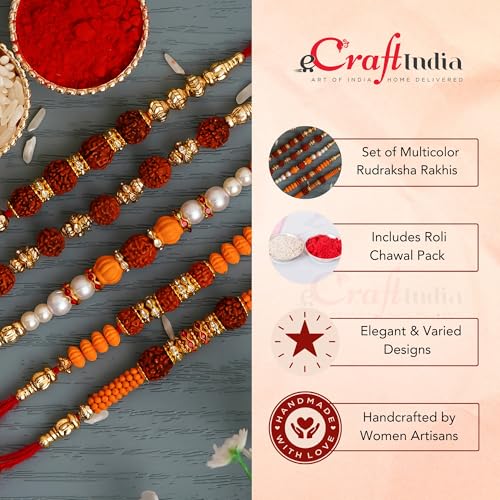 Image of eCraftIndia Set of 5 Multicolor Beads Pearls Diamond Rudraksha Rakhis for Brother Bhaiya Bhai | Roli Chawal Pack | Raksha Bandhan Rakhi