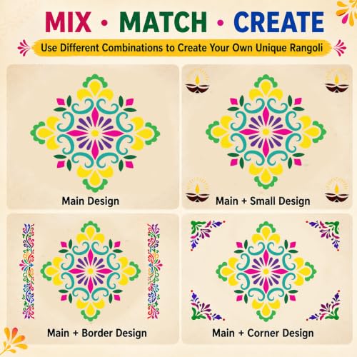Image of SWAGSTATION Mandala Rangoli Stencils Set Rangoli Stencil Big Size for Floor (Set of 7 Stencil, 6 Rangoli Colors Set, Mandala Decorative Stencils Combo) Mandala Rangoli Making Tools Kit, Multi