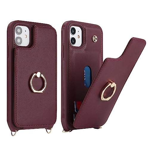 Image of for iPhone 11 Phone Case with Card Holder and Strap for Women,Crossbody Lanyard,RFID Blocking,Kickstand Ring Stand,Snap Clasp,Phone Wallet Cases 6.1 inch(Wine Red)