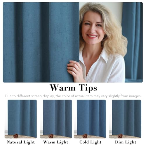 Image of H.VERSAILTEX Linen Curtains 100% Blackout Curtains for Bedroom 102 inch Long Full Light Blocking Nature Linen Blended Window Curtains for Living Room Nickel Grommet (2 Panels, Blue Sapphire)