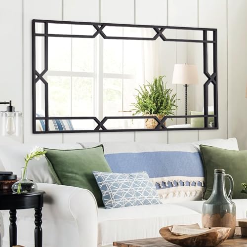 Chende Large Wall Mirror for Decor, 24''x47'' Black Decorative Mirror with Matte Black Metal Pipe Frame, Rectangular, Horizontal/Vertical, Living Room, Bathroom, Entrance Black 47"L x 24"W