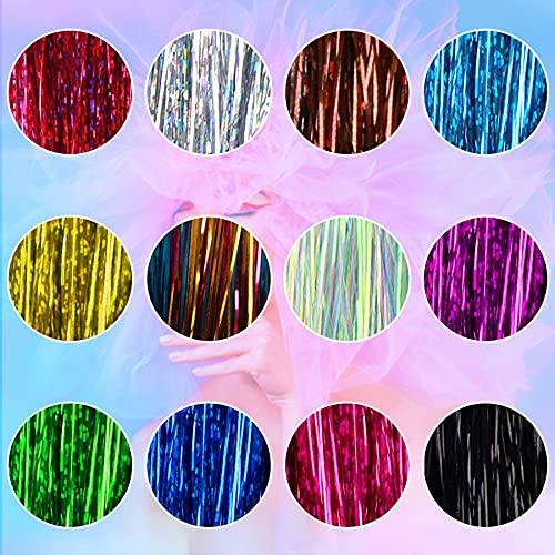 FEBSNOW 47 Inches Tinsel Hair Extension with Tool 12 Colors 2400 Strands Hair Extension Tinsel Kit Glitter Hair Extensions for Women Girls Hair Accessories for Christmas New Year Cosplay Party - Thumbnail 2