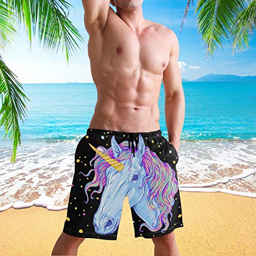 visesunny Men's Beach Short Swim Trunks Unicorn Colorful Dot Black Pattern Sports Running Bathing Suits4