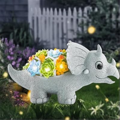 Colorful Solar Dinosaur Statue with Succulents & LED Lights