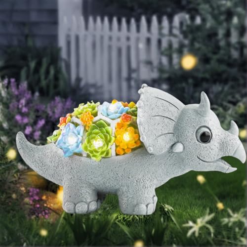 Hulaed Garden Decor Solar Dinosaur Statues with Succulent and LED Lights for Outside, Outdoor Lawn Decorations Statue for Patio,Balcony,Yard,Unique Housewarming & Birthday Gifts for Women Mom Grandma