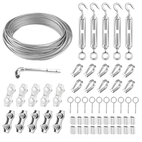 YOCZOX 30M/ 4mm Garden Wire Rope Kit, 4mm PVC Coated Stainless Steel Cable with M5 Turnbuckle, Duplex Clamps, Vine Eyes Wire Tensioner Kit for Climbing Plants, Trellis, Outdoor String Lights Hanging