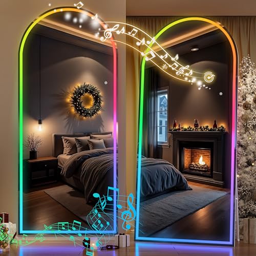 Hasipu Arch Full Length Mirror 83 x 36 in with Stand — Arch LED RGB Full Body Mirror, 7 Lighting Modes, Dimmable, Built‑in Bluetooth Speaker, White Frame for Bedroom Dressing Room