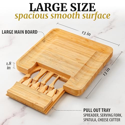 Image of Zulay Kitchen Premium Bamboo Cheese Board Set - Extra Thick Bamboo Charcuterie Board Set with 4 Piece Knife Set - Wooden Cheese Board, Perfect for Charcuterie, Wine & Cheese - Charcuterie Gift Set