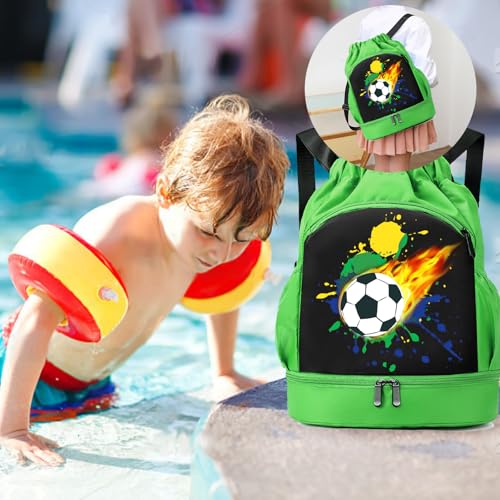 YOUYIKE Niños Mochila de Fitness, Deportiva Impermeable Bolsa de Playa, Bolsa para Viajes de Gimnasio, Adecuado Chico Chico Bolsa Deport, Mochila Con Cordón Futbol, Verde - imagen 7