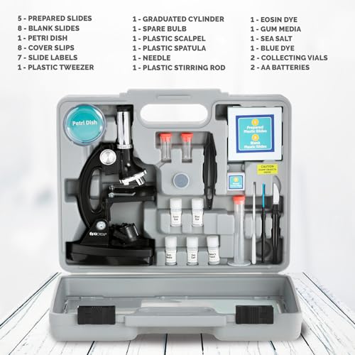 Image of IQCrew By AMSCOPE KIDS - Black Metal Arm Starter Kids Student Compound Microscope Kit with Fossil Dig Activity Kit and Insect Slides