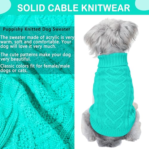 Image of Dog Sweaters Small Dog Clothes for Winter Solid Knitted Puppy Sweater Warm Pet Cat Sweater Doggy Pullover Outfit with Heart-Shape Design(Lake Green, Medium)