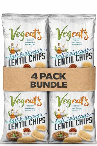 Vegeat's Lentil Chips Salt & Vinegar Vegan Gluten Free Oven Baked High Fiber Healthy Snack, Plant Based Chips, 4 Pack of 1.7oz bags