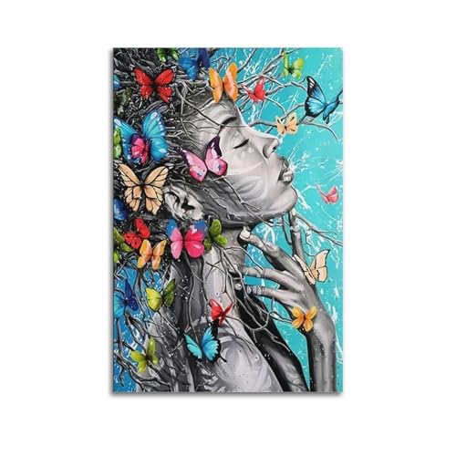 UKKJNPRINT Póster de lienzo con diseño de chica alrededor de mariposas, decoración para el hogar, decoración de pared, habitación, oficina, cafetería, bar, 20 x 30 cm, estilo sin marco