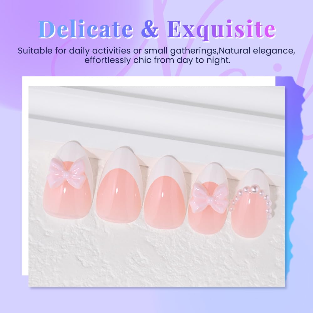Summer Short Almond White French Tip Press On Nails with 3D Pearl & Pink Bow Design, Reusable Salon-Quality Acrylic Stick-On Nails for Women & Girls, 30 Pcs 15 Sizes (Glue Not Included)