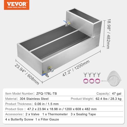 Image of VEVOR Maple Syrup Evaporator Pan, 47 Gal, 47 x 24 x 9.6 Inch Maple Syrup Pan, 304 Stainless Steel Maple Syrup with Thermometer, 2 Valves and 3 Heating Methods, for Home, Outdoor