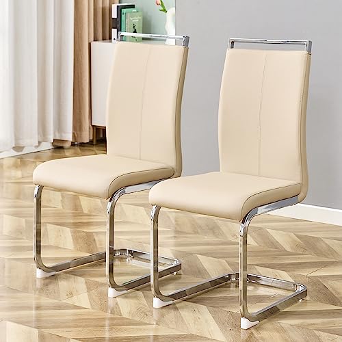 Image of Baysitone Modern Dining Chairs Set of 2, Side & Kitchen Chairs with Silver Frame, Faux Leather Padded Seat High Back, for Dining, Kitchen & Living Room - Beige