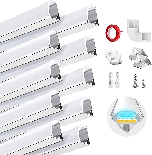 HOMMAND Perfil Aluminio Tira LED, 10 Pack 1m Perfil de Aluminio para LED Forma de V, Canal de aluminio LED y Difusor LED, con Conector de Esquina, Adhesivo, Tapas finales, Clips de Montaje