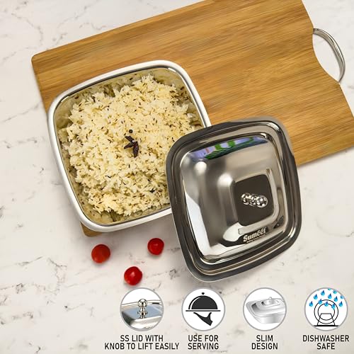 Image of Sumeet Stainless Steel Square Serving Bowl /Curry Bowl /Gravy Pot with Lid, 1250ml Capacity, 18.8cm Dia, Silver