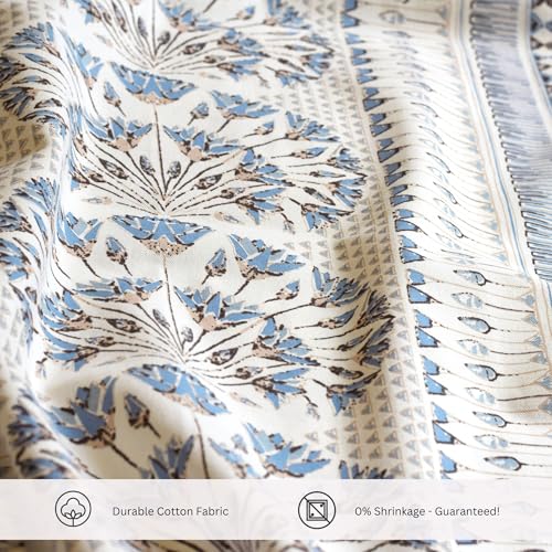 Image of Tranquebar Curtain Co. Cotton Curtains 8 Feet Long, 60-65% Room Darkening, Blue Geometric Floral Print, 8 Feet Curtains, 8 Feet Curtains, BackTab Loops, Design Gami (244 cm) - Set of 2
