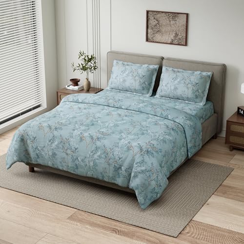 Image of Haus & kinder Double Bedsheet for Queen Size Bed | 90 x 100 Inches 144 TC Cotton Bedsheet for Double Bed with 2 Pillow Covers - Serene Branch Green