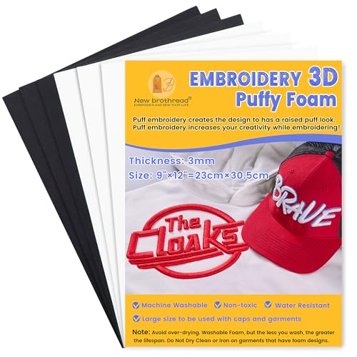 New brothread - 6PCS Stickschaum Schaumstoffplatten 9″x12″ (23cmx30.5cm) Große Größe 3MM Dicke Erstellen 3D-Stickerei-Effekt für Kappen, Kleidung, Jacken, Taschen, Rucksäcke und mehr -3xWeiß+3xSchwarz