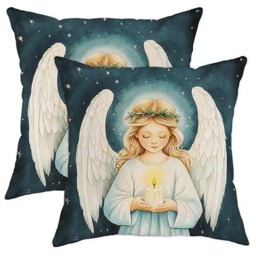 Juego de 2 fundas de cojín de ángel, fundas de cojín con alas blancas celestiales, decoración de invierno para el hogar, sofá, cama, 16 x 16 pulgadas