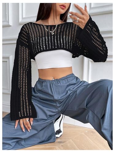 Verdusa Women's Hollow Out Knit Drop Shoulder Crop Sweater Pullover Top3